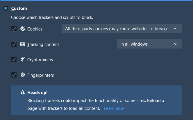 A screenshot of the Firefox Custom Tracking Protection settings