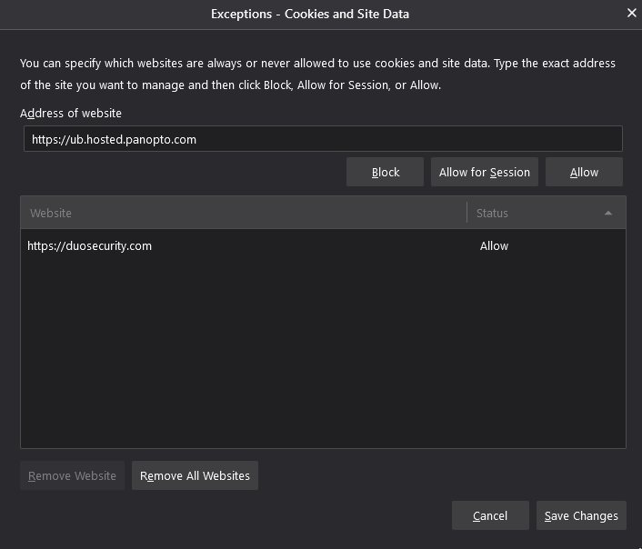 A screenshot of the Firefox Cookies and Site Data exceptions window
