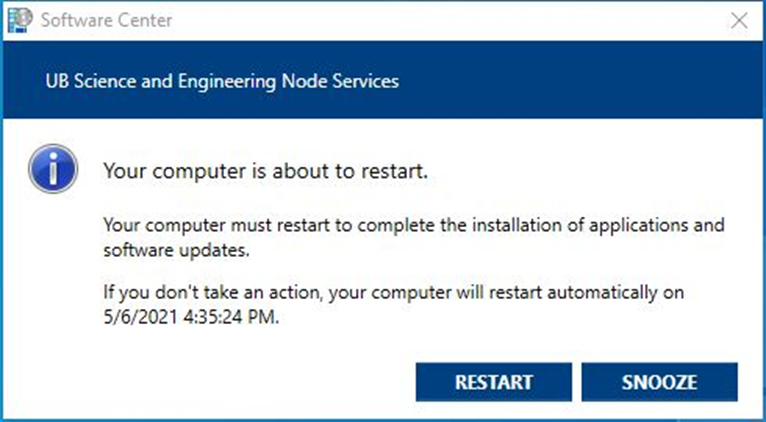 A screenshot of the Software Center About to Restart Box