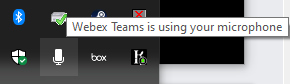 A screenshot of the Windows notification area showing the microphone with a hover tag that says Webex Teams is using the microphone